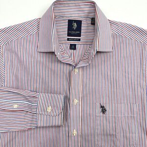 U.S. Polo Assn. Button Down Mens 15 34/35 Red Blue Striped Dress Striped Shirt